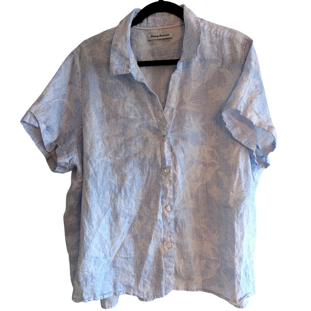 Tommy Bahama Mens Short Sleeve Linen Shirt Blue White Tropical Leaf Floral